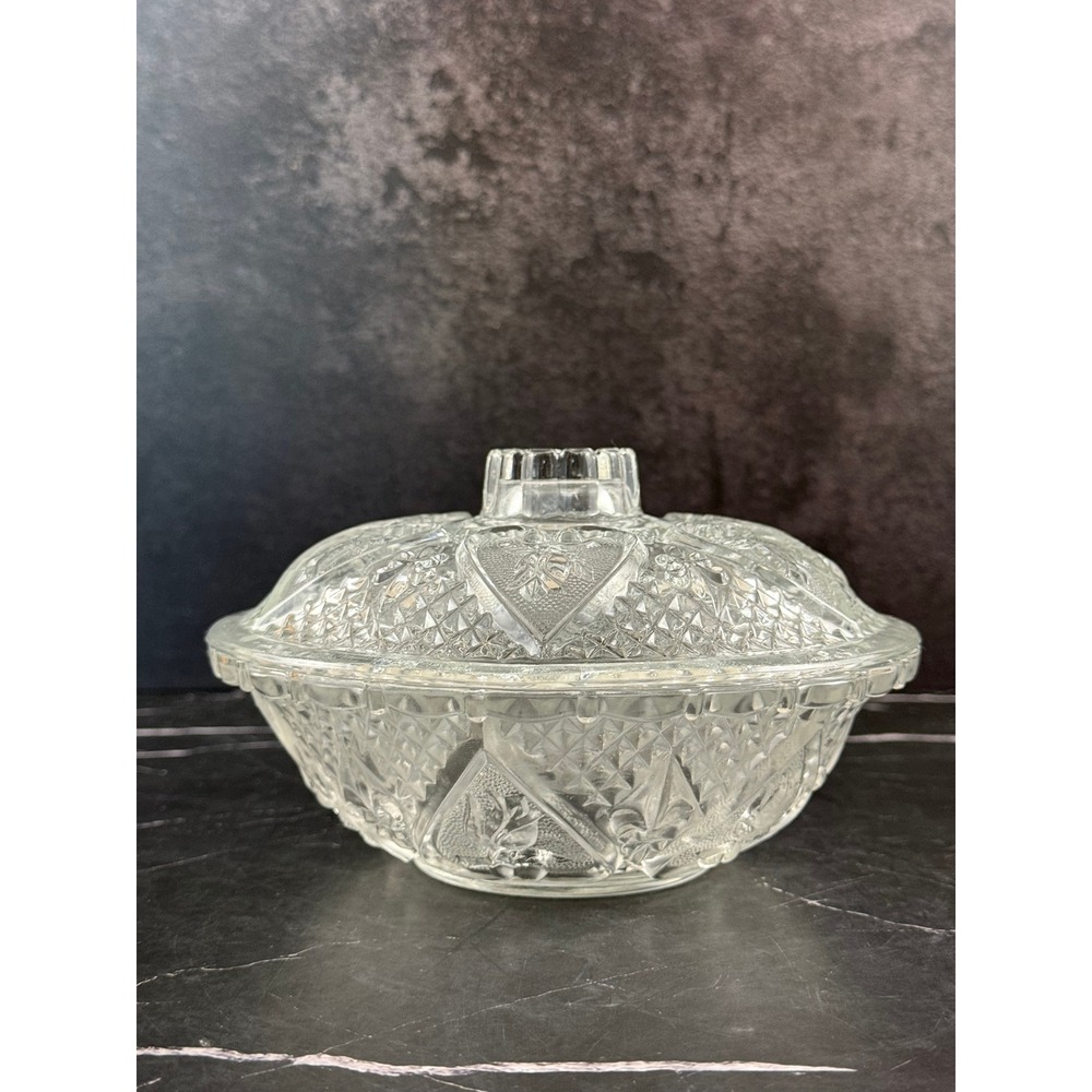 VTG KIG Malaysia Cut Crystal 7in Floral Heart Lidded Trinket Candy Bowl MINT!